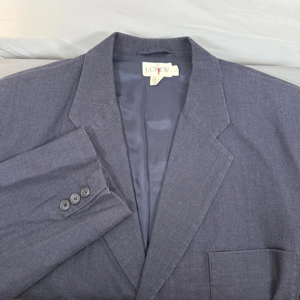 J. Crew Mens Navy Blue Linen Cotton Blend Blazer Sport Coat Jacket Size L‎ Y2K